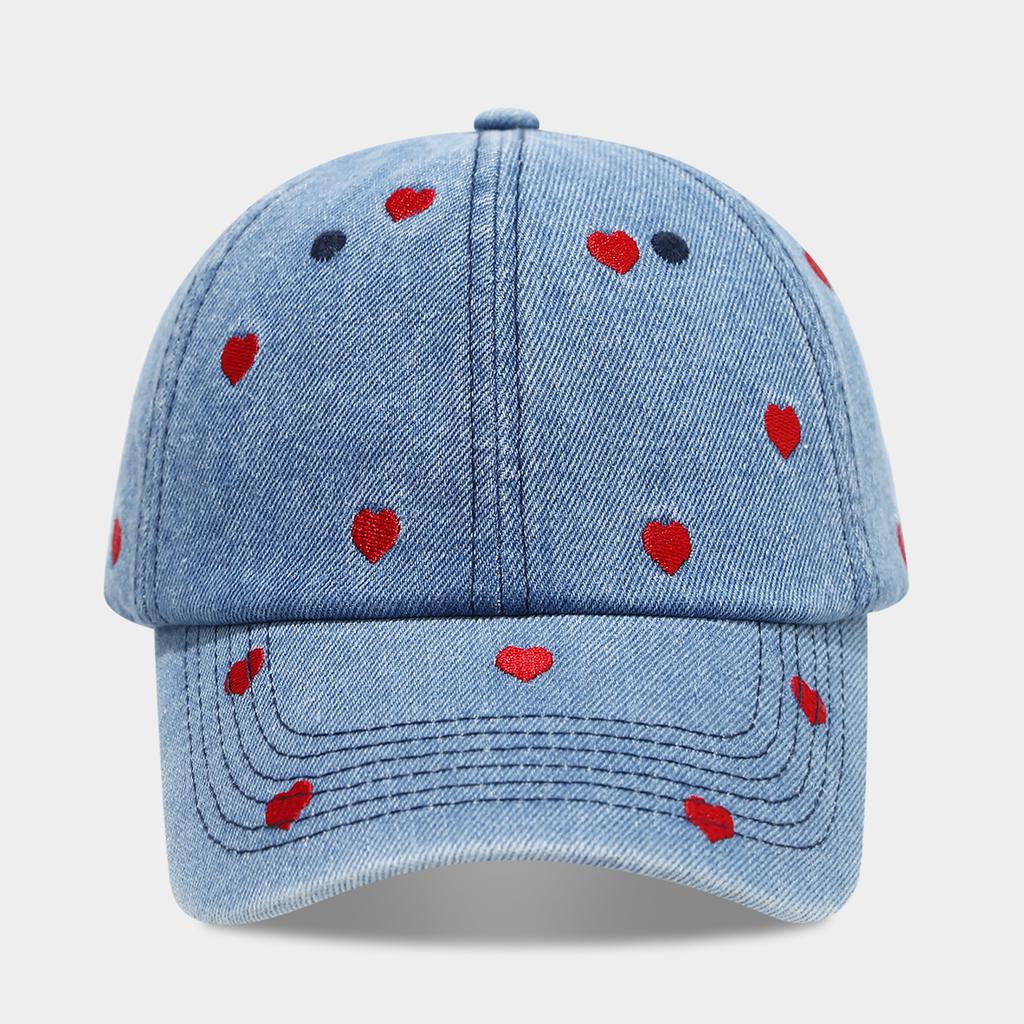 Women Baseball Cap Denim Red Heart Embroiderey Cotton Soft Top Jeans Blue Classic Hats