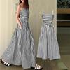 Women's Summer New Striped Strapless Dress Off Shoulder Bodycon Long Dress Sexy Waist Belted Maxi Dress