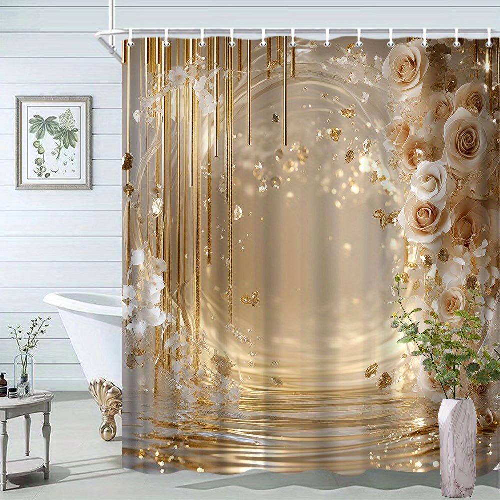Gold Rose Duschvorhang Elegantes Blumendesign Luxuriöse Badezimmerdekoration 3D-Druck Wasserdichter Duschvorhang Heimmode