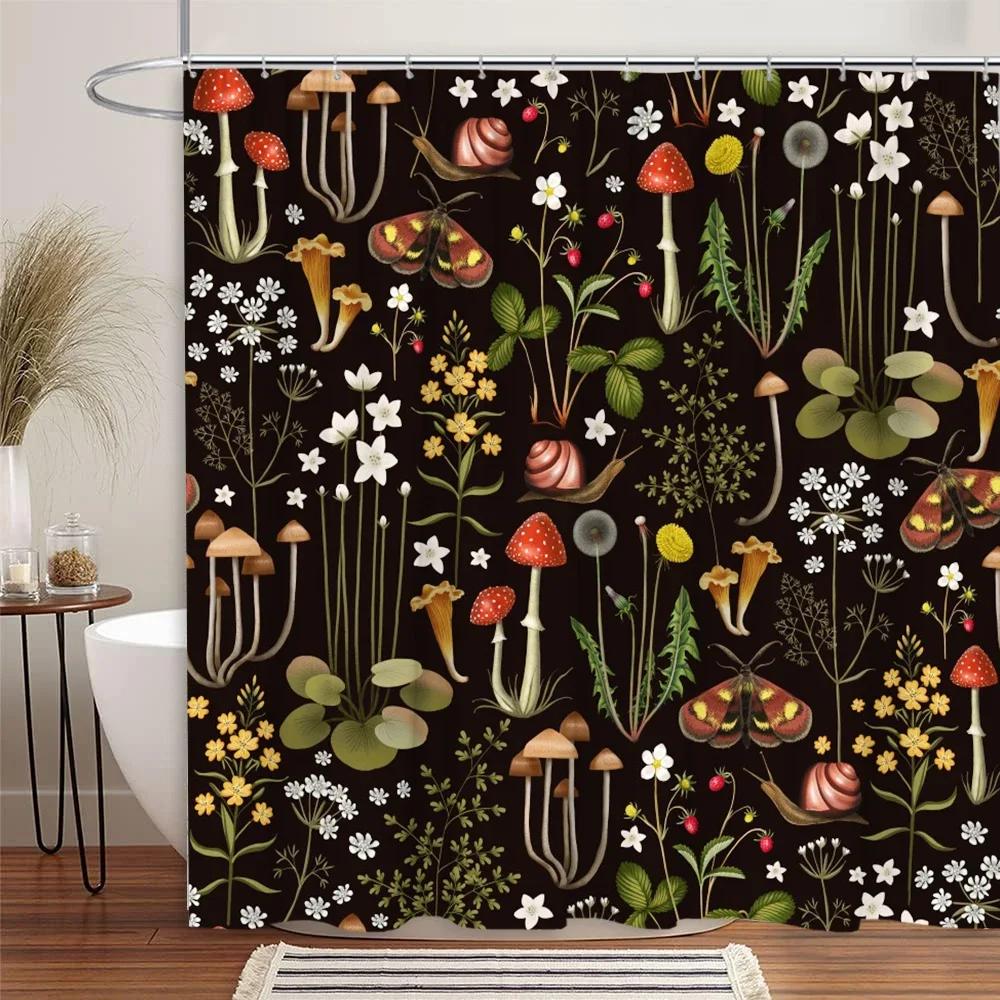 Vintage Pilz Duschvorhang Böhmisch Botanisch Schmetterling Tierwelt Blatt Blume Polyester Stoff Badezimmer Dekor Vorhänge Set