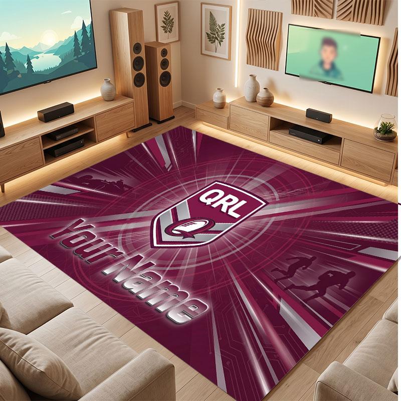 Tapis en Velours Cristal Personnalisé Queensland Maroons, Tapis Doux Antidérapant avec Texte Nom Personnalisé pour Salon Chambre à Coucher