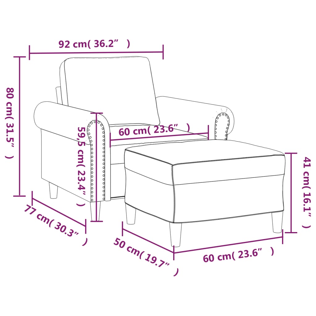 Armchair with Footstool Grey 60 Cm Faux Leather