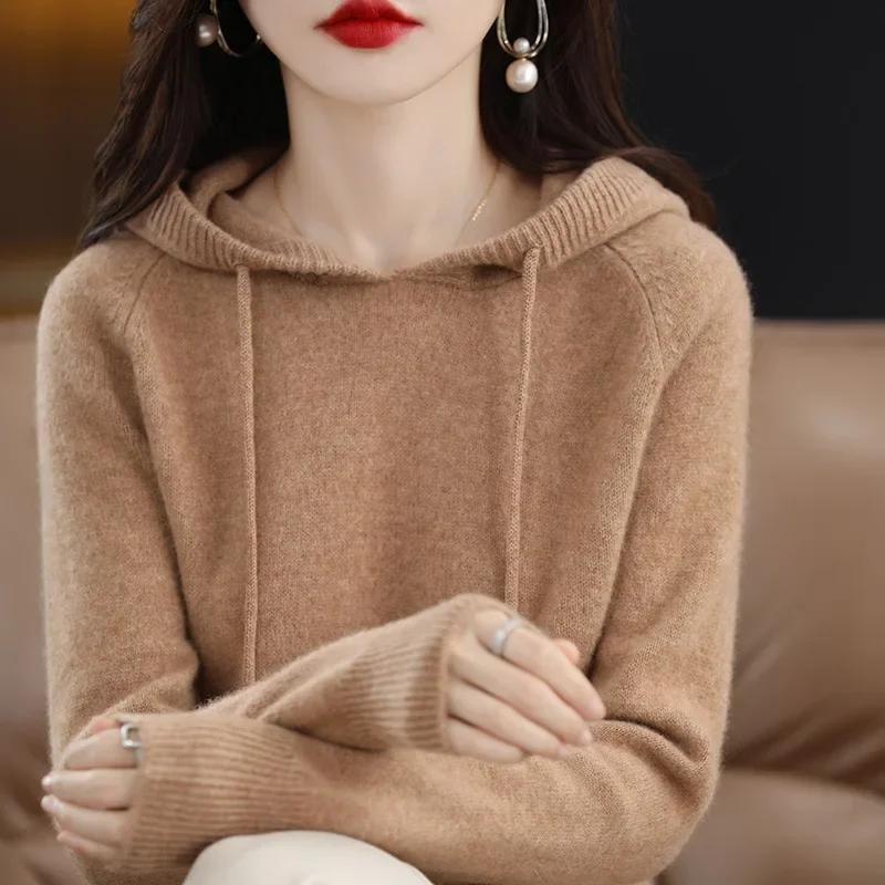 Women Pullover Sweater Hooded Jumper Korean Loose Solid Long Sleeve Casual Autumn Winter Thick Warm Knitted Sweaters
