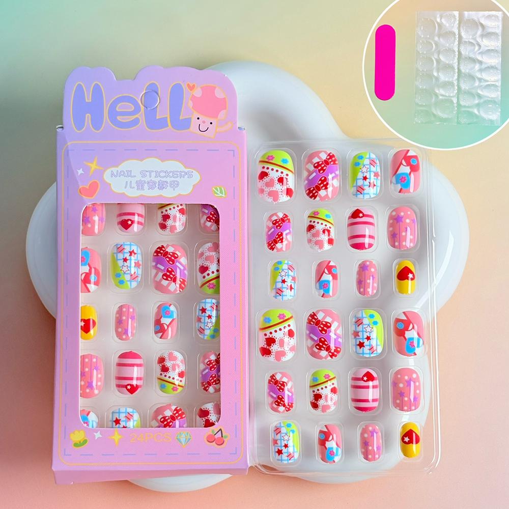 24pcs Kids' Cute Red Cherry/Rabbit/Carrot Press On Nails Cartoon Short Square Fake Nails Reusable Nails Decor with Glue & file