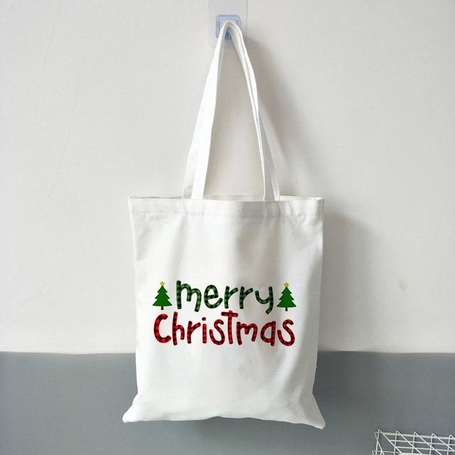 New Fashion Women Shopping Bag Ladies Canvas Plaid Merry Christmas Printed Shopping Bags Totes Girls School Bag