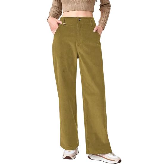 Women Corduroy Long Pants High Waist Button Zipper Fly Solid Color Straight Wide Leg Trousers with