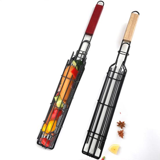Stainless Steel BBQ Grill Basket with Wooden Handle Non-Stick Sausage Roasting Cage Multi-functional Grill Utensil for Outdoor Camping