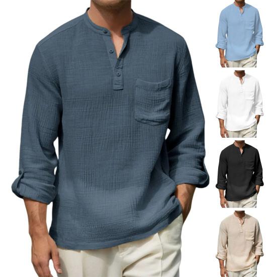 Men Cotton Linen Shirt Long Sleeve Band Collar T-Shirt with Chest Pocket Solid Color Casual Holiday Shirt for Travel Summer Beach Vacation Daily Wear
