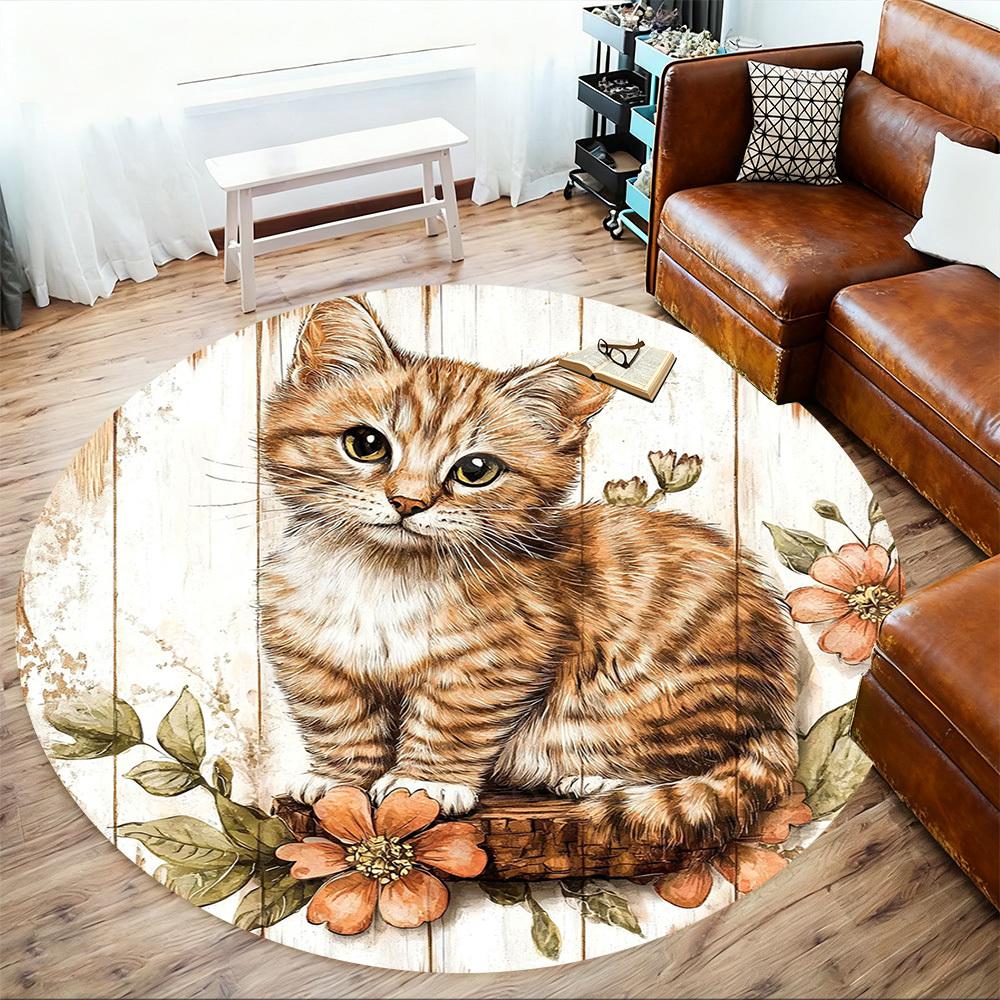 1PC Cat Flowers Office Round Area Rug, Under Office Chairs Bedroom Living Room Home Decor, Carpet for Office -1110102