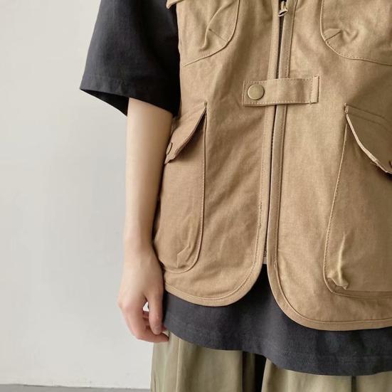 Unisex Casual Waistcoat Sleeveless Multi Pockets Design Vest Coat Zipper Buttons Closure Jacket Cargo