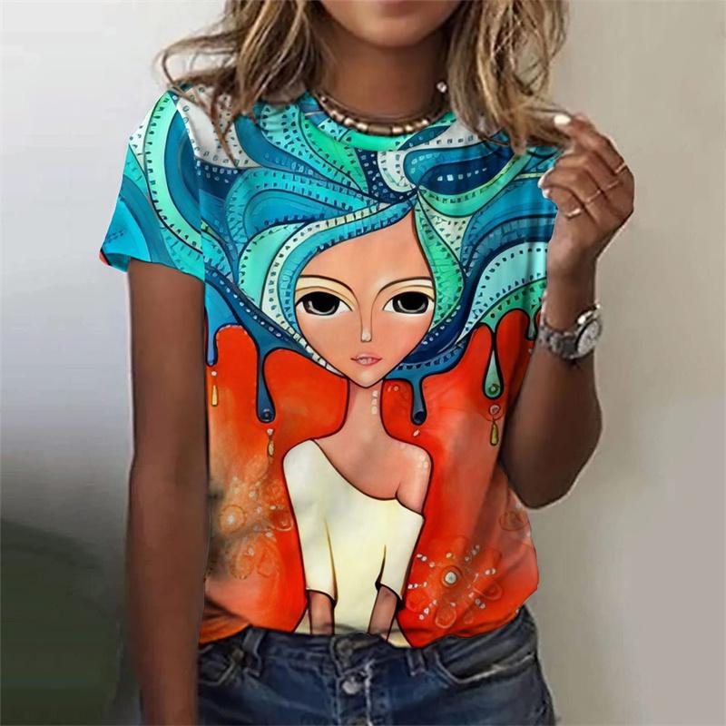 T-shirt 3D Imprimé Drôle Abstrait Pour Femmes T-shirts Colorés Motif Visage Été Décontracté Manches Courtes Col Rond Hauts T-shirts Amples