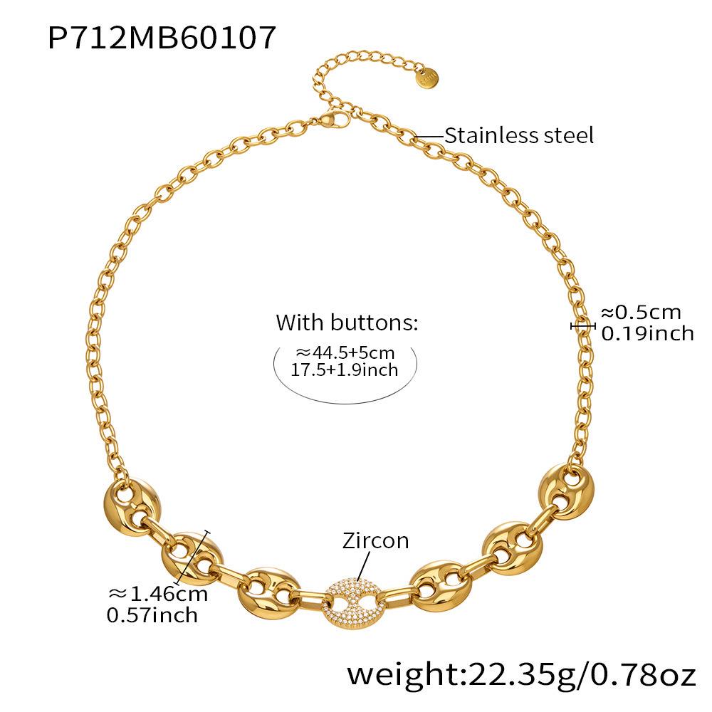 European & American Cold Style Pig Nose Zircon Inlaid Jewelry Set: Necklace, Bracelet, Earrings, 18K Gold-Plated Stainless Steel