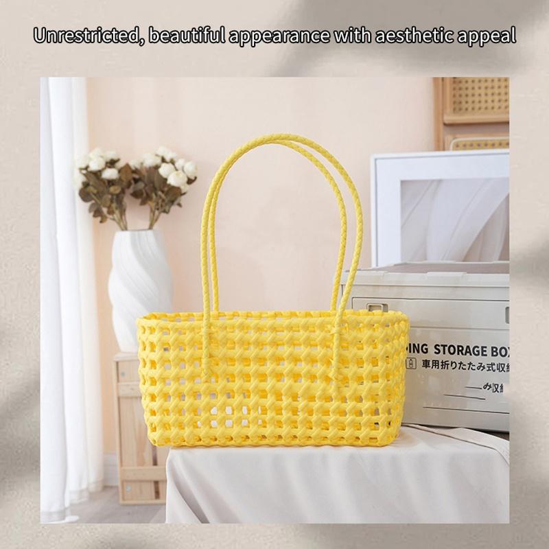 Handmade Plastic Hollow Weave Bag Countryside Style Large Capacity Beach Tote Bag Bucket Bag Woman Handbag Summer Beach Bag