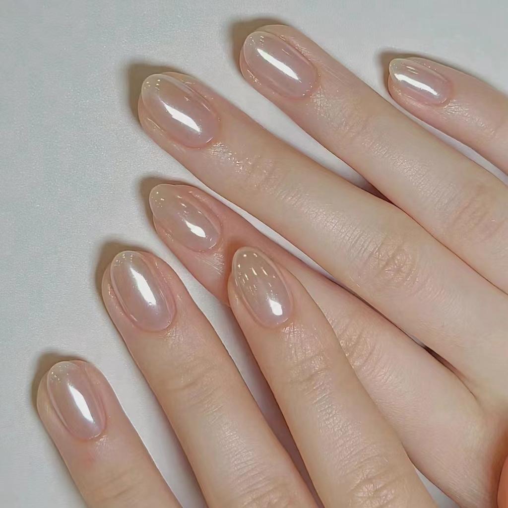10 Pièces Nude Fait Main Dégradé French Amande Cristal Transparent Press On Nails Couverture Complète Embouts Faux Ongles Manucure