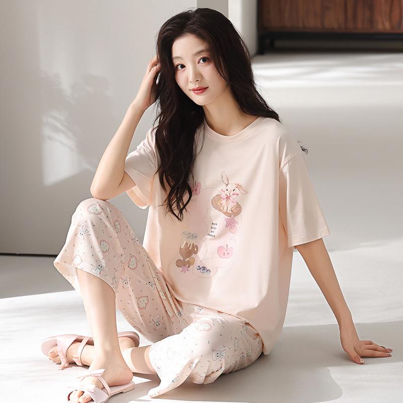Modal Women's Pajamas Summer Light Blue Short-sleeved Cropped Pants 1011 New Models Can Be Worn Outside Cool Loungewear Set