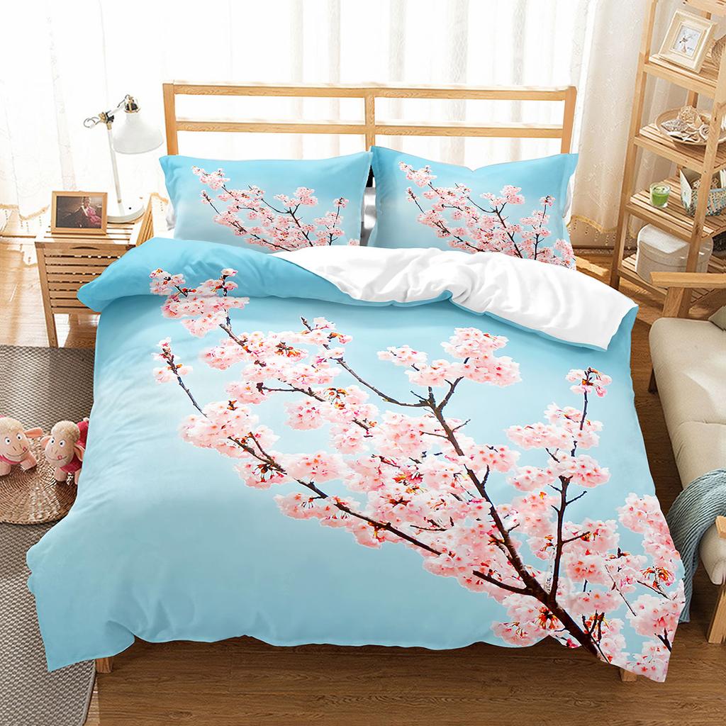 Cherry Blossoms Duvet Cover Set King Queen Full Size Pink Flower Polyester Comforter Cover For Kids Teens Adults Bedding Set