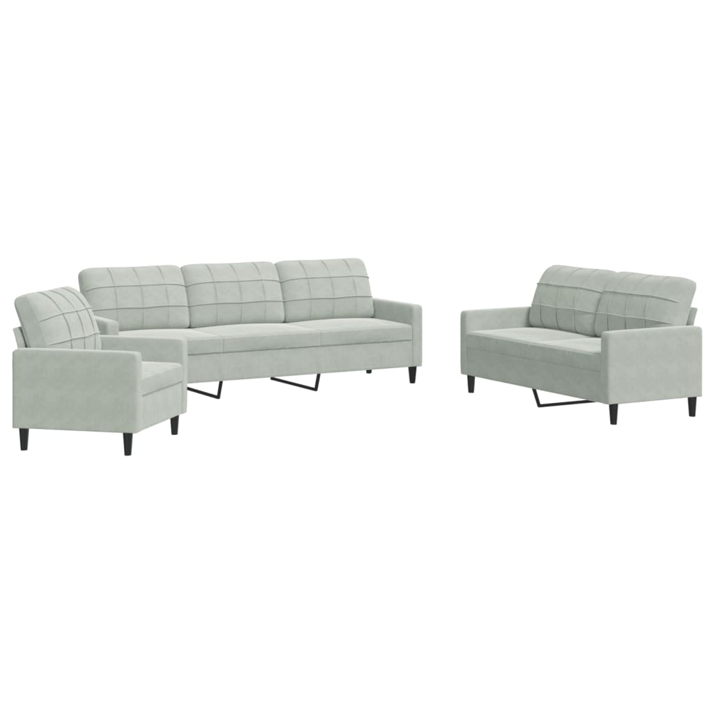 3 Piece Sofa Set with Cushions Light Grey Velvet