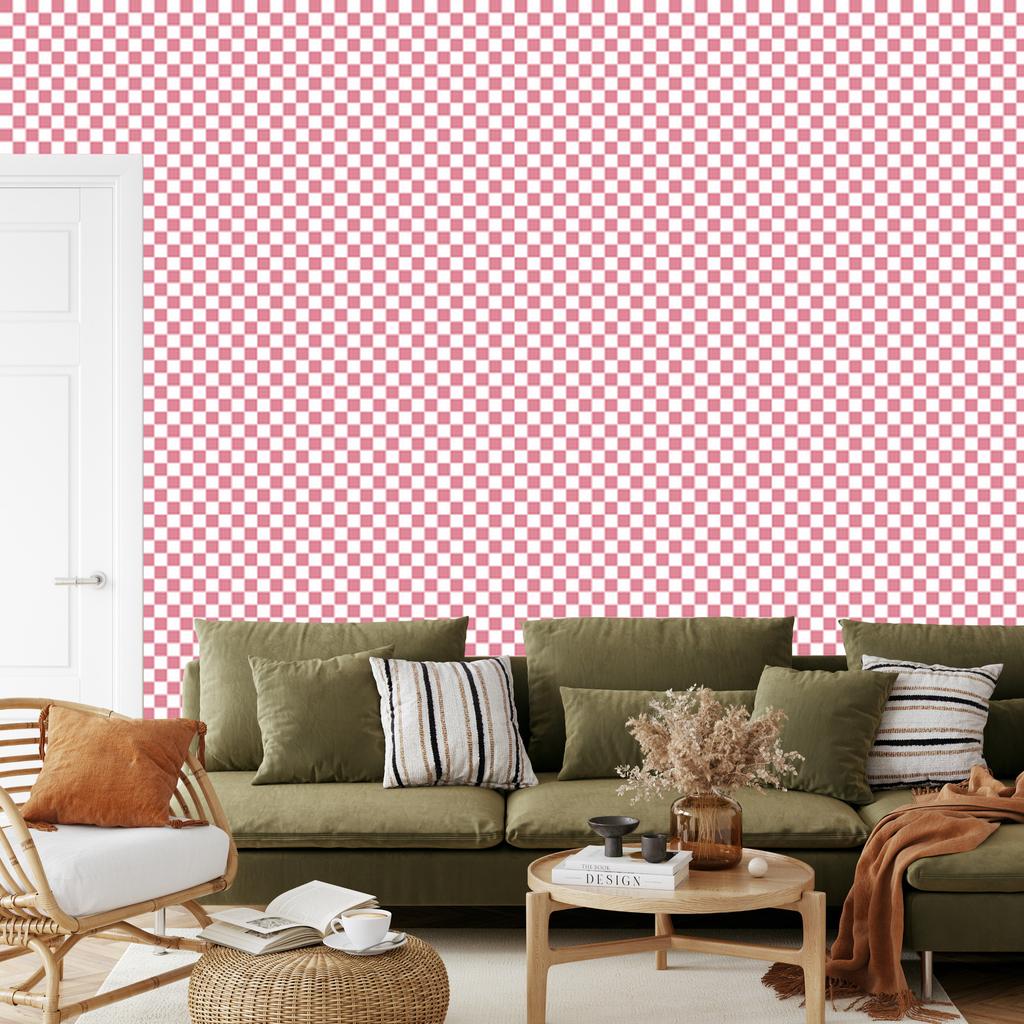 Checkerboard Wallpaper, Powder Pink and White, Subtle Detail, 50x1000