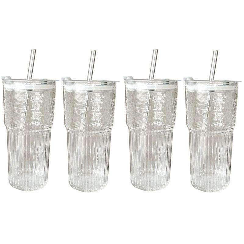 2/4 Stück 600 ml Glasgeschirr Glasbecher mit Deckel und Strohhalm Trinkgläser Cocktail Bier Eiskaffeebecher Saft Teetasse Wasserbecher