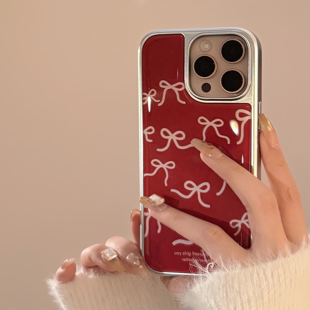 Weinrot Retro iPhone16 Geeignet für Apple 15 Promax Handyhülle 13 Rote Schleife 14 Drop Glue Huawei