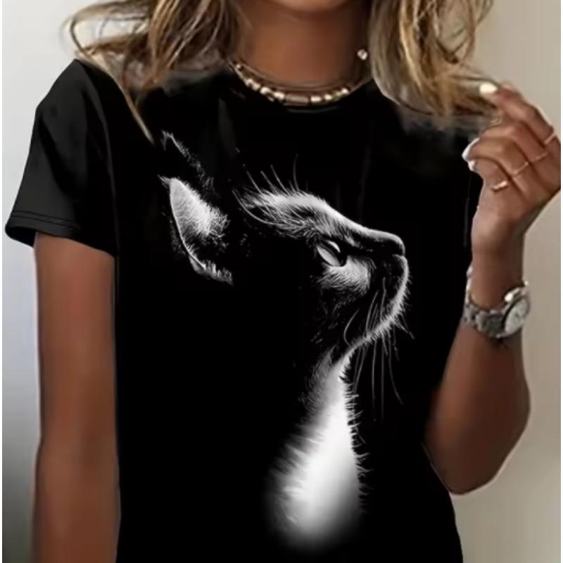 3D Cat Print Ladies Urban Street Fashion T-shirt Animal Lover T-shirt Summer Everyday Casual Ladies Short Sleeve Top
