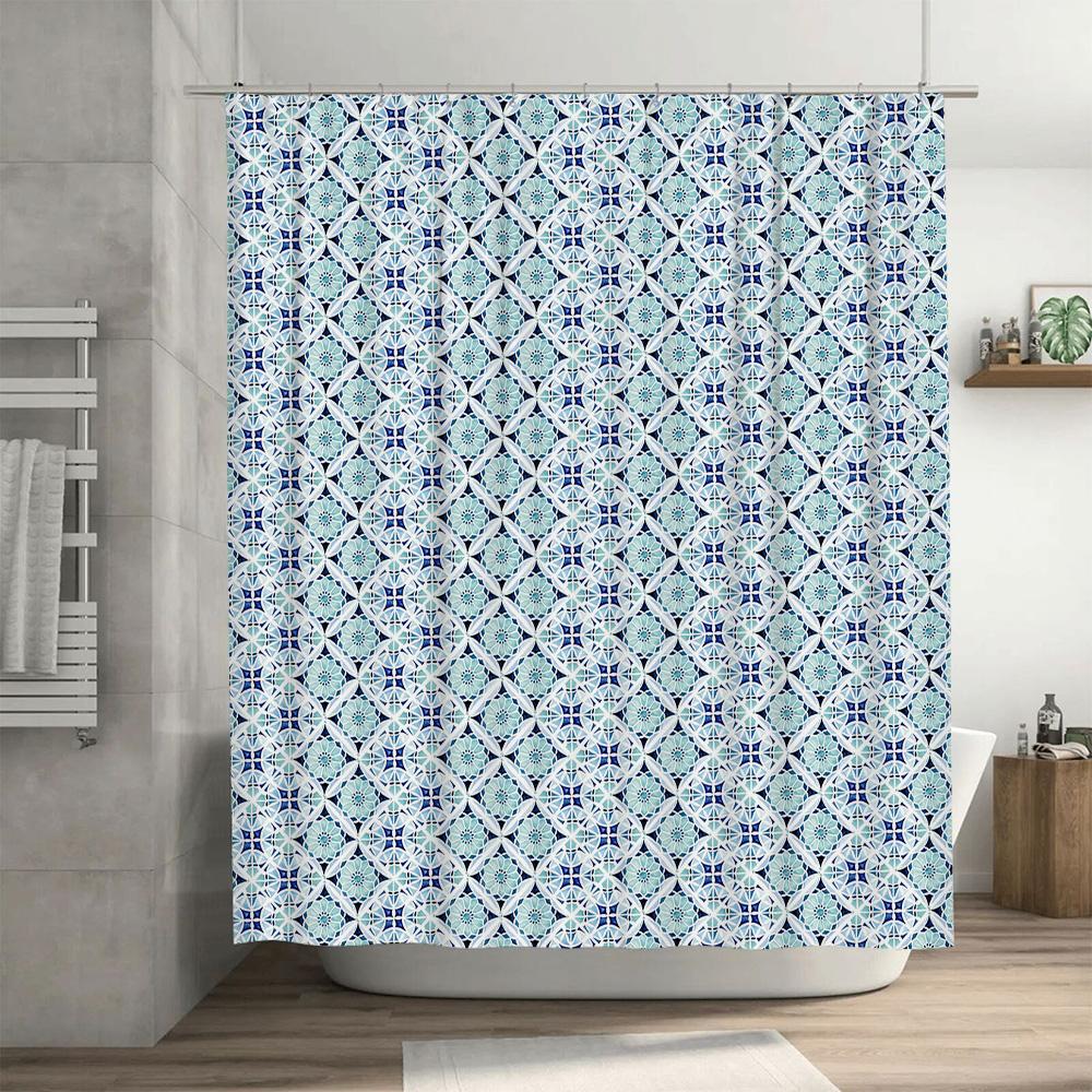 Blue White Geometric Shower Curtain With Floral Pattern For Bathroom Decorations Customizable Sizes Available On  Perf