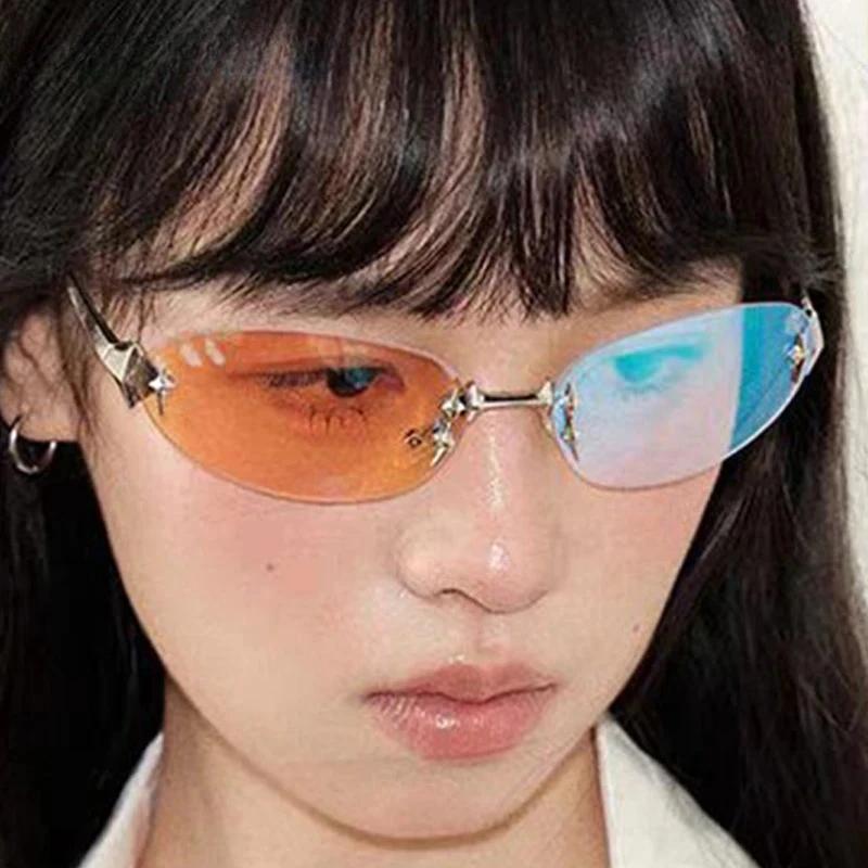 Lunettes de Soleil Étoilées Sans Monture Bord Elliptique Sans Monture Y2K SpicyGirl Même Style que les Ins Lunettes de Soleil Mode Tendance Femme