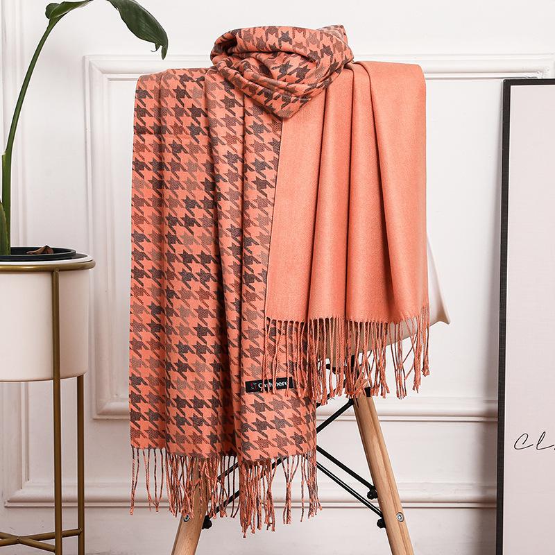 Double Sided Houndstooth Scarf for Women Winter Couple Wool Imitation Cashmere Scarf Men's Shawl Versatile Red Scarf