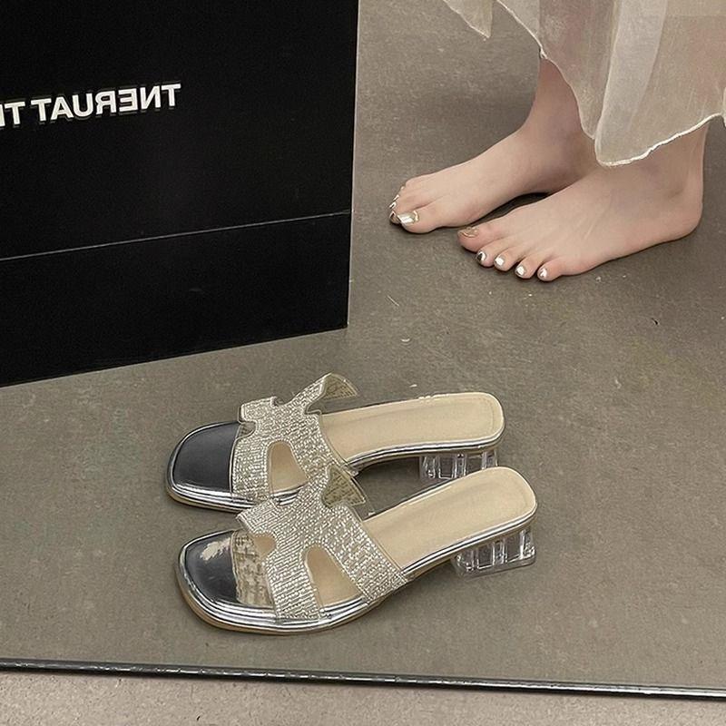 Square Head Elegant Slippers Summer One-pedal Color Matching Cool Slippers Transparent Heel Outside Wear Non-slip Shoes