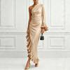 2026 One Shoulder Satin Midi Evening Dress, Ruched Asymmetrical Ruffle Cocktail Gown, 100% Polyester S-2XL
