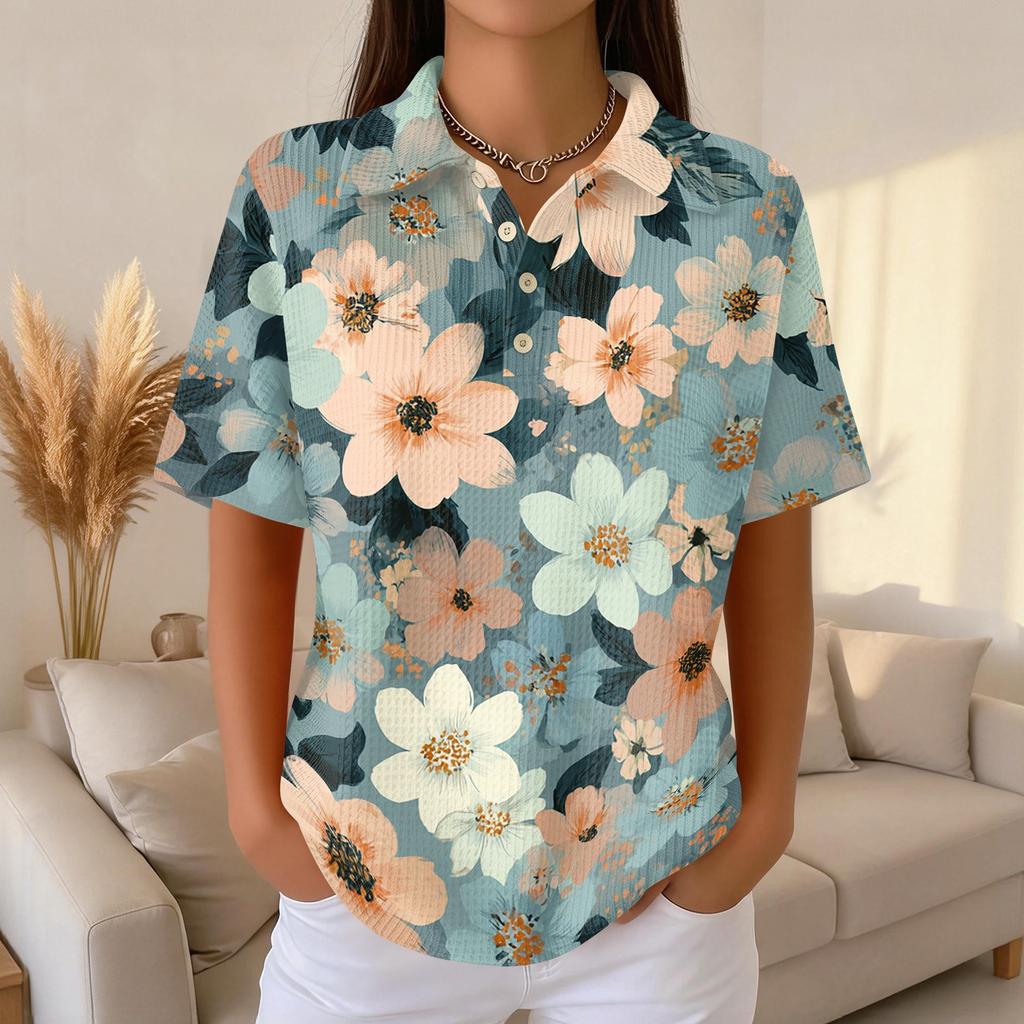 Women Short Sleeve Floral Print Knit Collared Top Button Down Casual Loose Fit Blouse for Daily Wear Office Travel