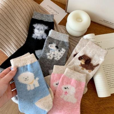 Cashmere Winter Thickened Warm Women's Socks, Wool Cute Cartoon Puppy Mid-calf Socks, Sleeping Socks