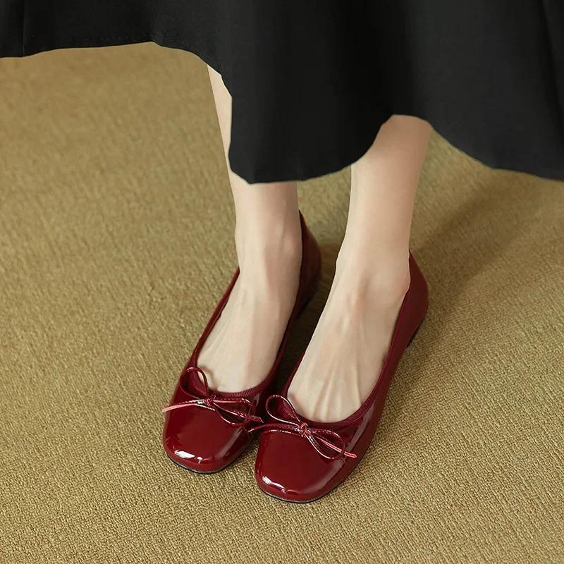 Módní dámské retro jemné mašličkové ploché boty korejská móda elegantní červené čtvercové špičky lodičky na jehlovém podpatku podzimní šaty mokasíny ležérní boty