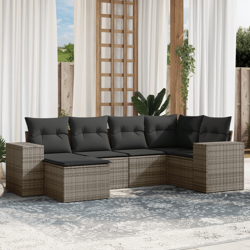 Vidaxl 6-Cz. Garden Furniture Set With Cushions, Grey, Poly Rattan