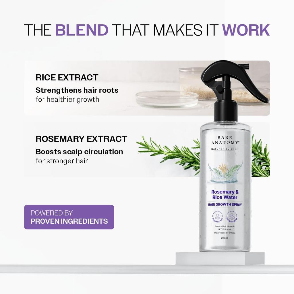 Bare Anatomy Nature X Science Spray de Água de Alecrim Para Crescimento e Espessura do Cabelo Com Água de Arroz|Extrato 100% NaturalNão Oleoso e de Rápida Absorção|200 Ml