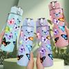 1PC Bright Multicolor Butterflies Floral Art 750ml Color Plastic Sports Water Bottle Leakproof Flip Straw Lid Suitable for Sports Office Home Use