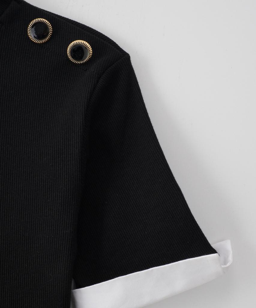 Salon De Yon Button Point Short Sleeve Mini Dress_ Black