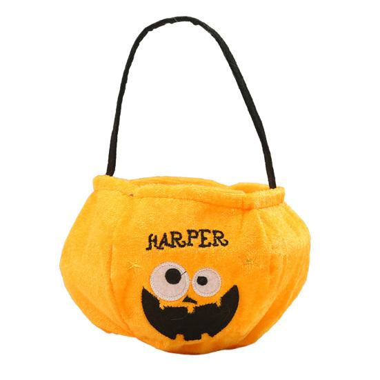 xiaobudian Halloween Trick or Treat Bucket, 9.8x5.9 Inch Pumpkin Witch Black Cat Plush Tote Bag, Soft Candy Basket with Handle for Party Favors