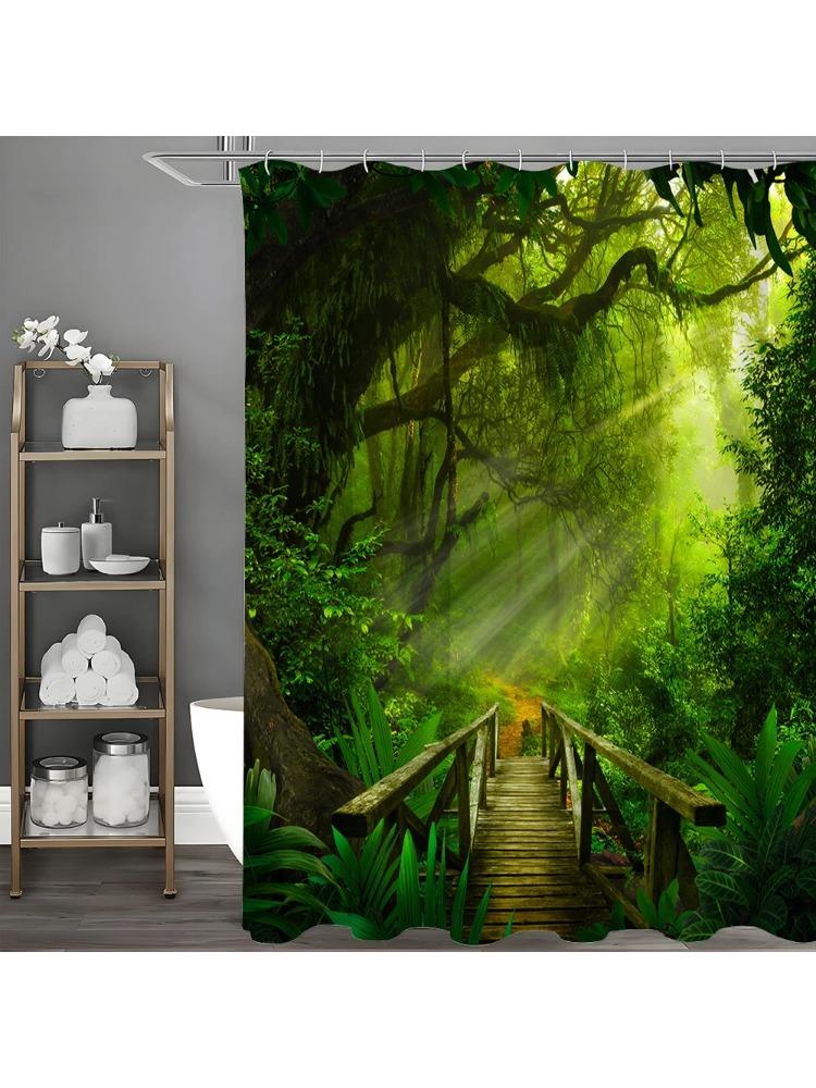 Forest Woodbridge Tree Greenery Sunlight Green Healing Shower Curtain, Bathroom Decorative Shower Curtain, Waterproof Shower Cur