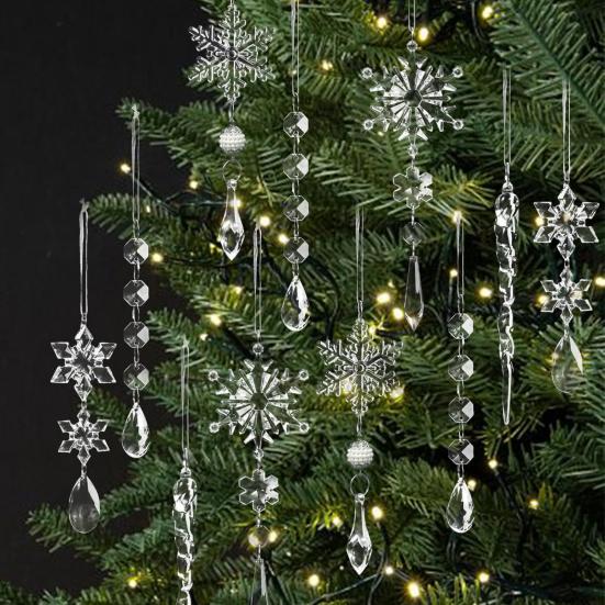 18 Stück Kristall-Weihnachtsschmuck für Baum Klarer Acryl-Schneeflocken-Eiszapfen-Hängeschmuck mit Tropfenanhängern zur Wunderlands-Kronleuchterdekoration