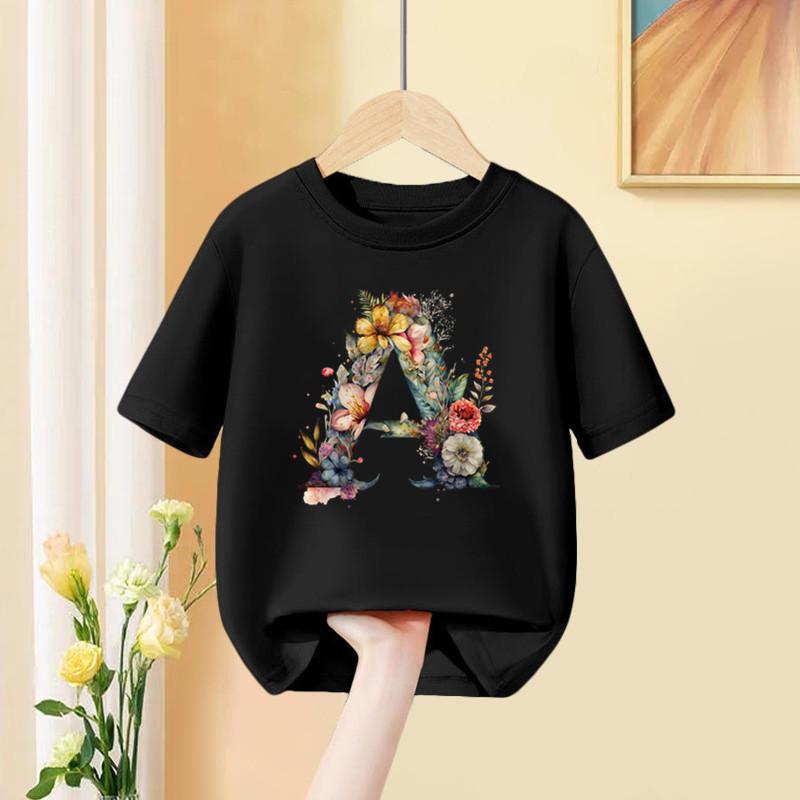 A B C D Combination Font Girls T Shirt Flower Print Casual Tops Custom Name Letter Kids Black Tee Shirt