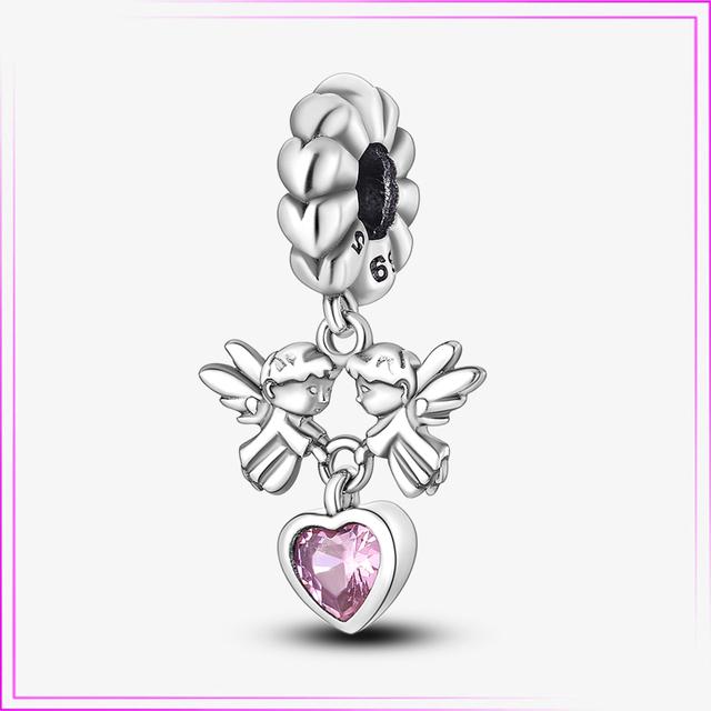 Ciondolo Cuore Fiore Argento Sterling 925 Rosa Fenicottero Palloncino Perline Gatto Car in Argento di Legge Per Nuovo Bracciale