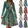 Women's Fashion Casual V-Neck Long Sleeve Waist Retro Printed Midi Dress