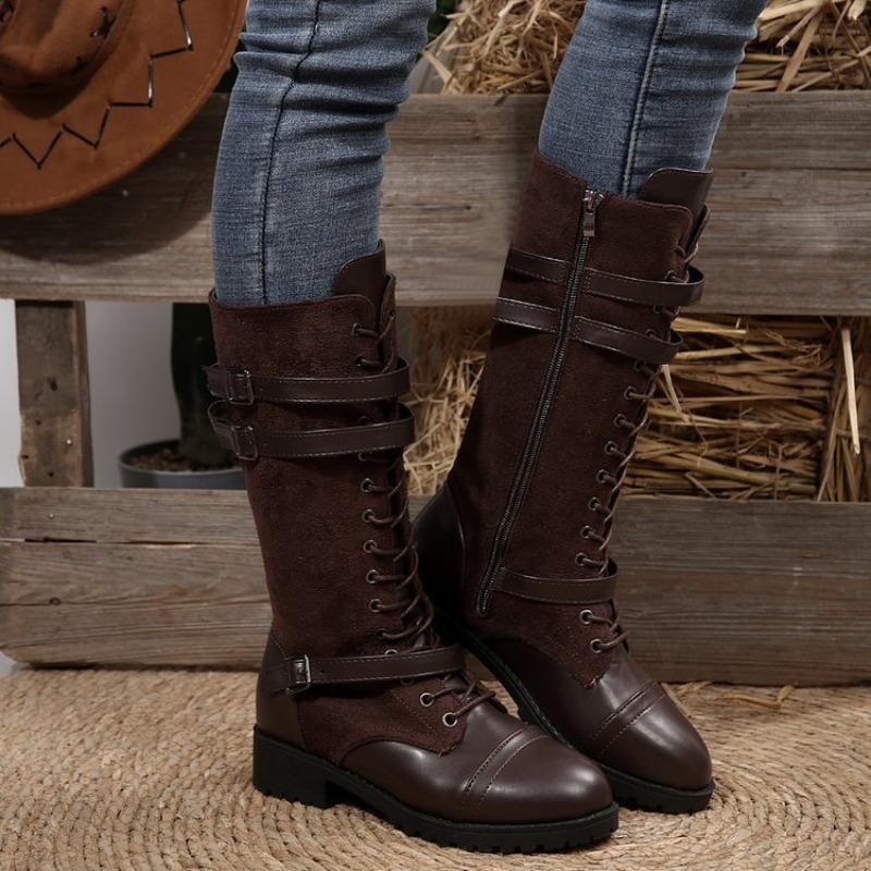 Women's Round Toe Patchwork Leather Riding Boots, Buckle Strap Square Heel Tall Boots, Plus Size Fall Winter Shoes