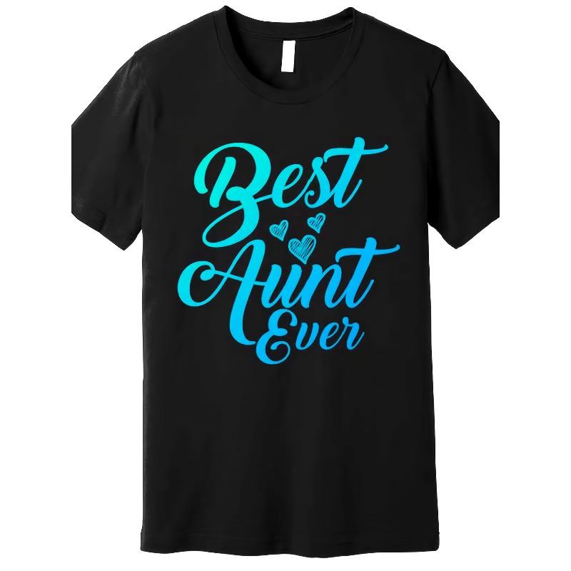 Women Plus Size Best Aunt Ever Graphic T-Shirt Black Turquoise Letter Heart Relaxed Fit All-Season Casual Family Gift Top