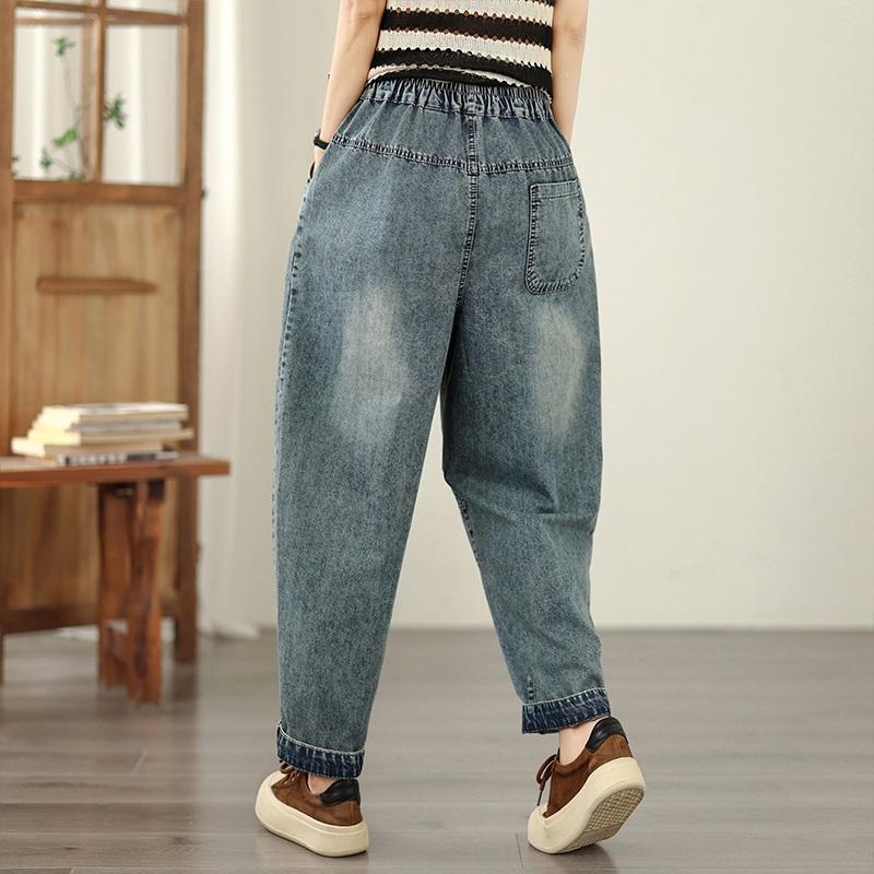 Taille Plus Broderie Vintage Taille Haute Décontracté Ample Femme Printemps Été Automne Jean Denim Pantalon Harem