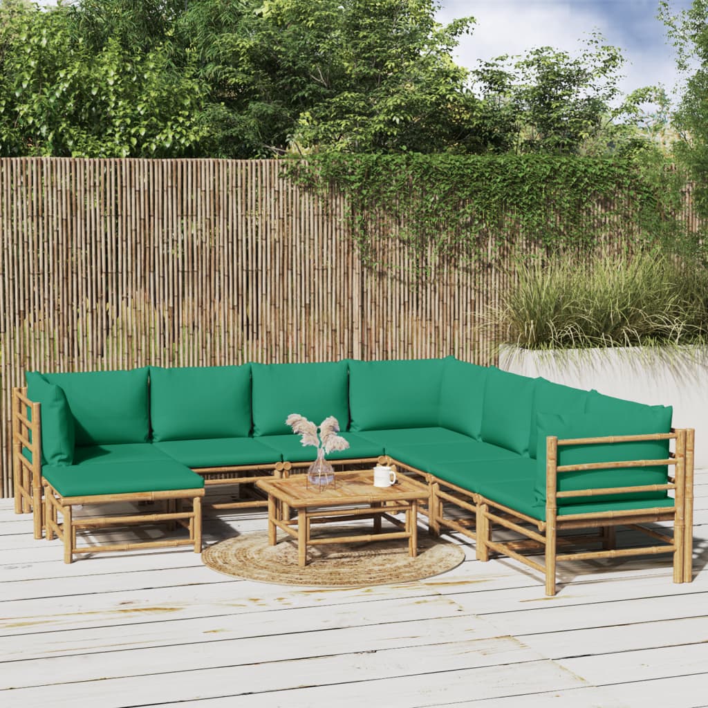 Vidaxl 9-Cz. Garden Furniture Set, Green Cushions, Bamboo