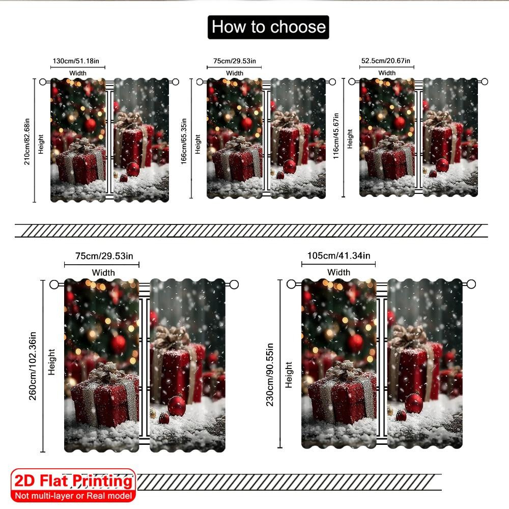 2pcs 2D flat printing Christmas Scene Curtain Christmas snowflake tree gift Versatile Polyester Fabric Without Electricity