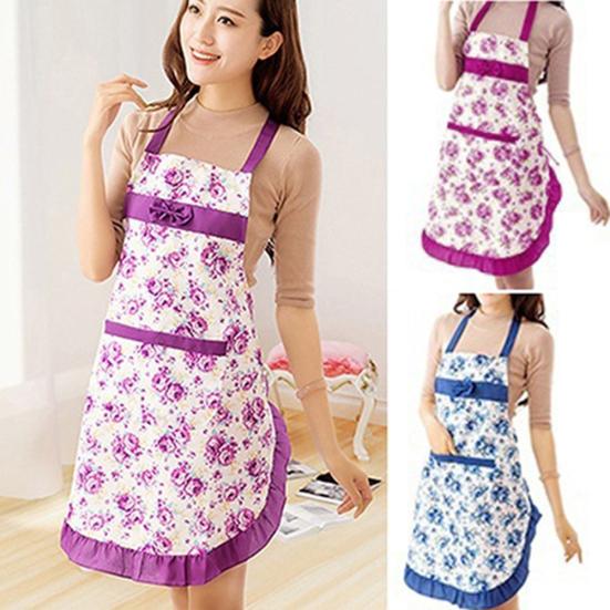 Damhaklapp Blommönster Bowknot Kök Restaurang Matlagning Pocket Dress Förkläde