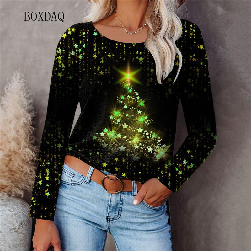 Shiny Christmas Tree Pattern Women 3d T-shirts Long Sleeve Five-pointed Star Print Street Hip Hop LadY Festival Tee 6XL